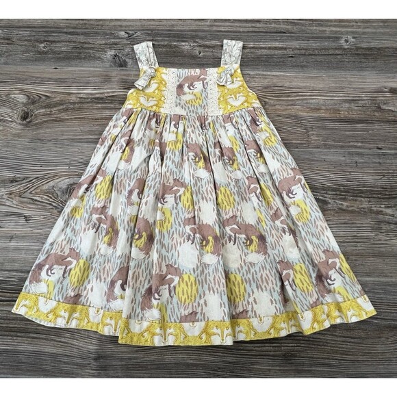 Knock Knock Girls Sleeveless Dress Size 4 Handmade USA Yellow Brown Fox Print - Picture 1 of 11